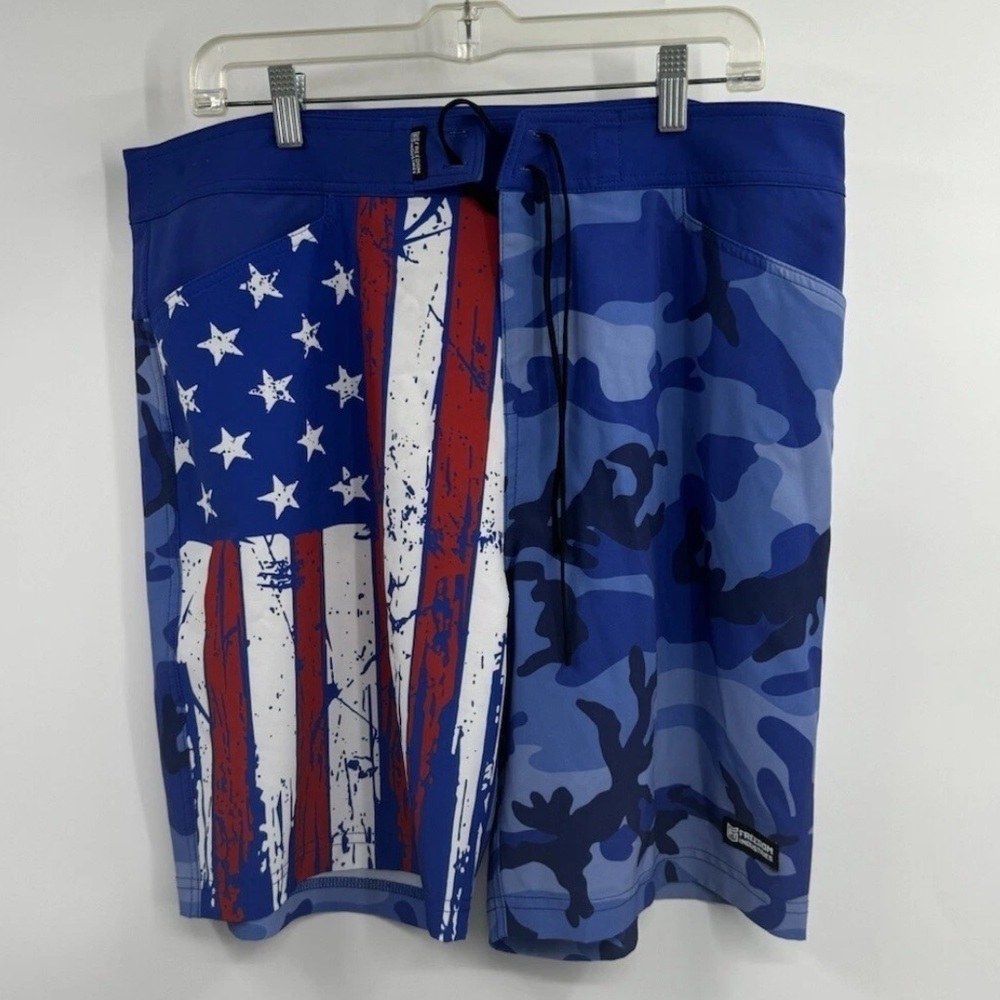 Freedom Industries Men’s Blue Camo American Flag Swim Board Shorts USA Made XL